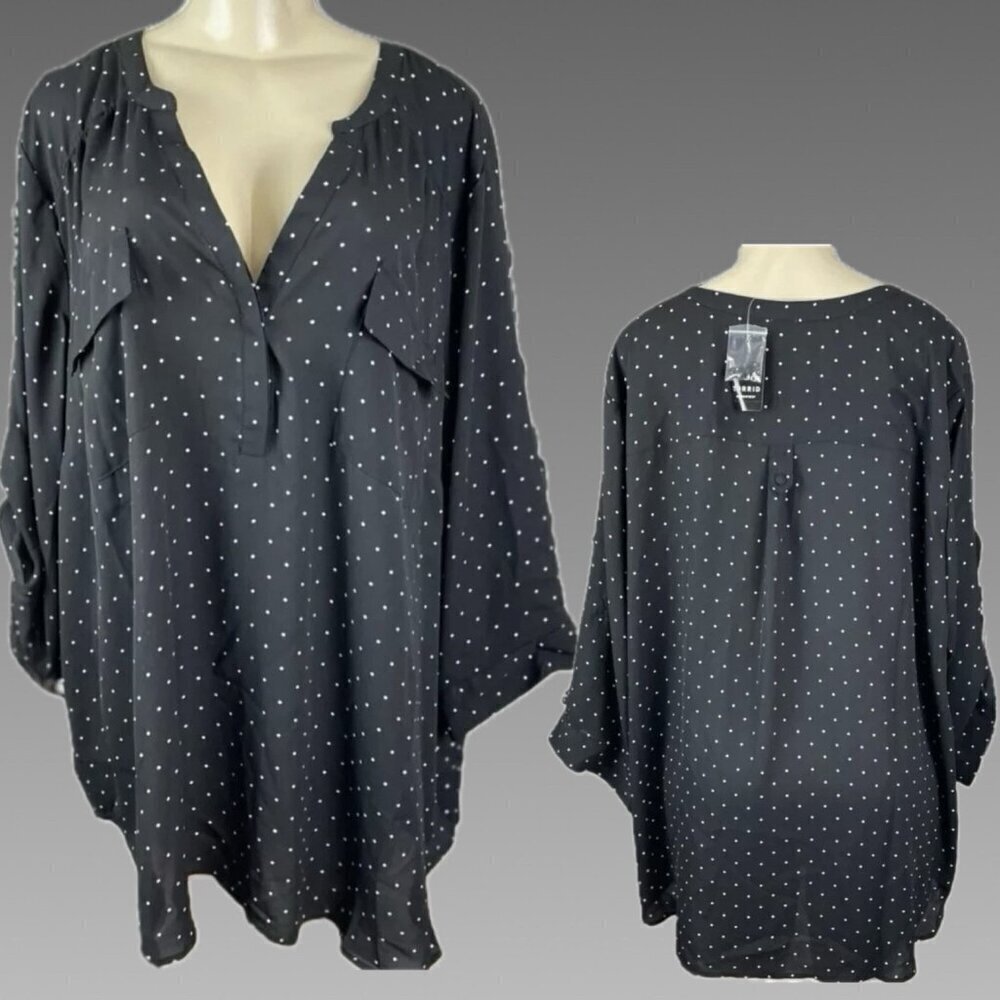 Torrid +4 Black Polka-Dot Split Button Neck Pockets 3/4 Roll-Tab Sleeve Blouse